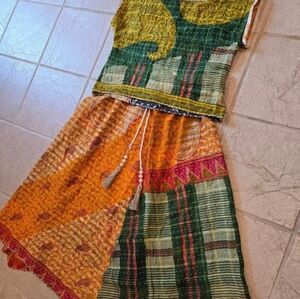 Upcycled Kantha Quilt Set Long Skirt & Crop Top S-L Handmade Dont Throw It Out